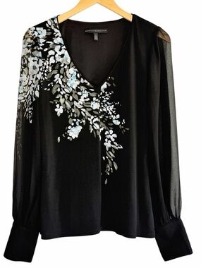 White House Black Market Cascading Floral Sheer Puff Sleeve Blouse Size Small